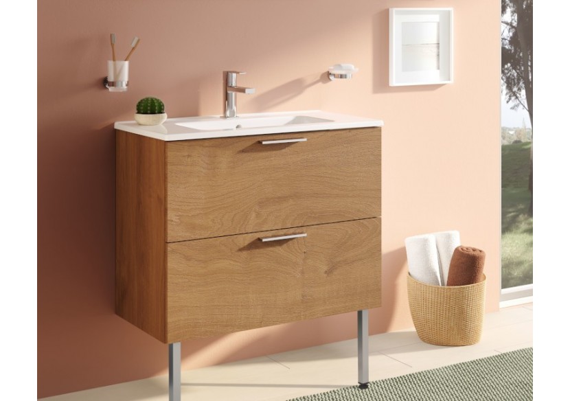 MIA set de meuble avec plan céramique, 80 cm, 2 tiroirs, avec miroir avec éclairage LED, pieds chromés, chêne doré -67267-Vitra MIA set de meuble avec plan céramique, 80 cm, 2 tiroirs, avec miroir avec éclairage LED, pieds chromés, chêne doré -67267-Vitra