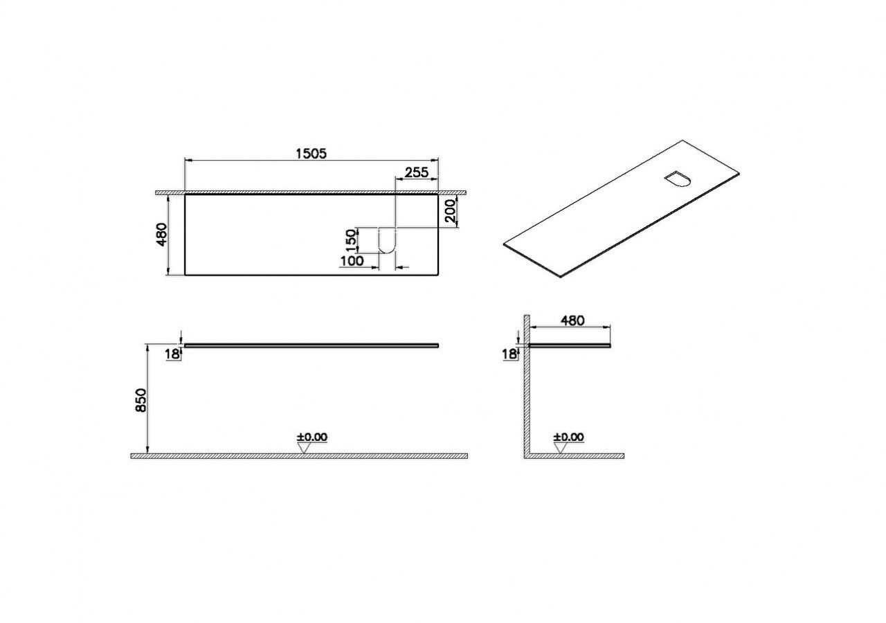 Origin plan de toilette, découpe pour siphon à droite, 150 cm, chêne ferrera - 65938 - Vitra