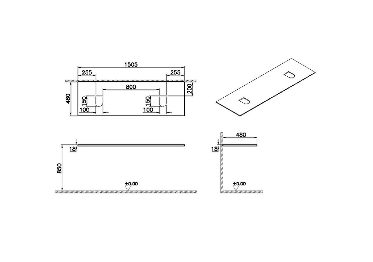 Origin plan de toilette, découpe pour siphon double,150 cm, orme - 65940 - Vitra