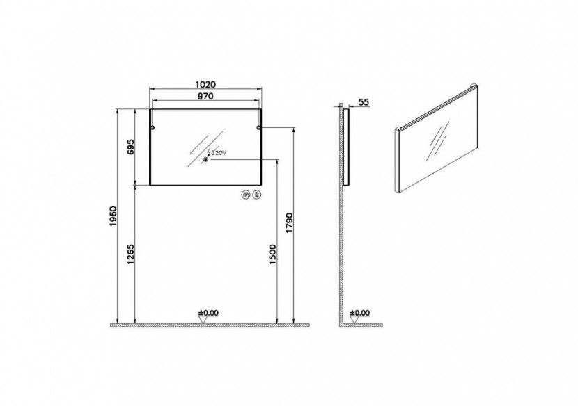 Core Miroir plat, 100 cm, lumineux, rectangulaire, chromé brossé, -66916-Vitra