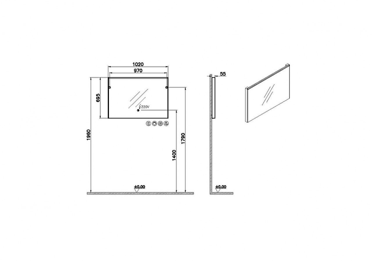 Prime Miroir plat, 100 cm, lumineux, anti-buée, rectangulaire, chromé brossé -67012-Vitra
