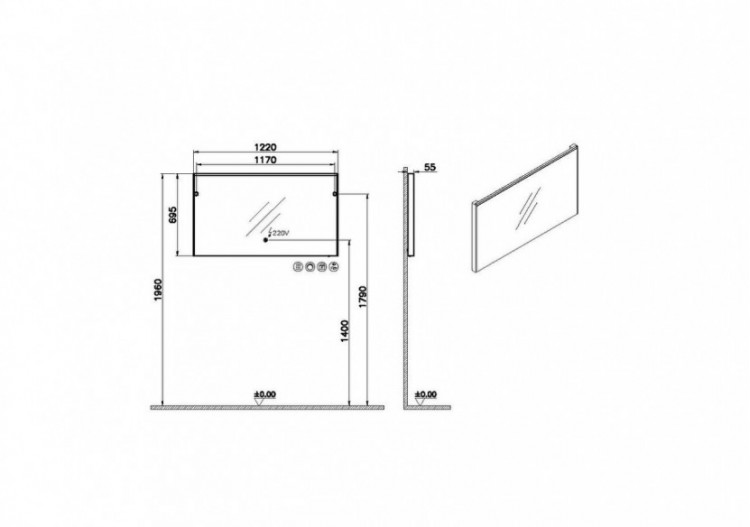 Prime Miroir plat, 120 cm, lumineux, anti-buée, rectangulaire, chromé brossé -67013-Vitra 2