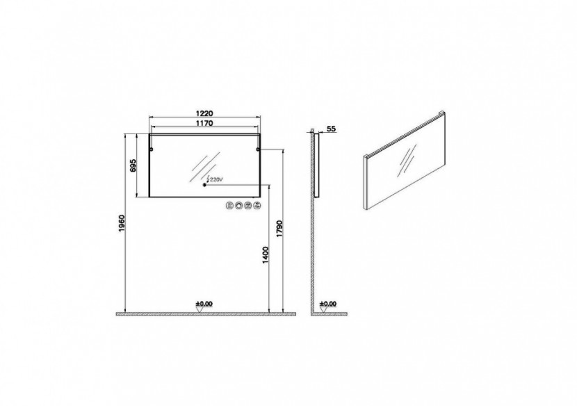 Prime Miroir plat, 120 cm, lumineux, anti-buée, rectangulaire, chromé brossé -67013-Vitra