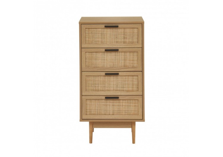 Chiffonnier AMANA effet chêne et cannage rotin 4 tiroirs 50cm