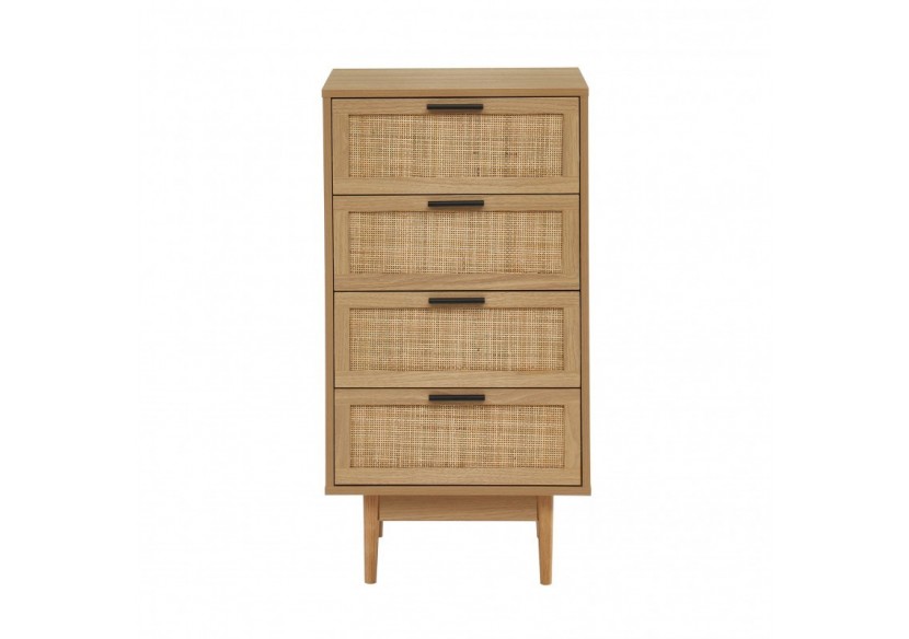 Chiffonnier AMANA effet chêne et cannage rotin 4 tiroirs 50cm