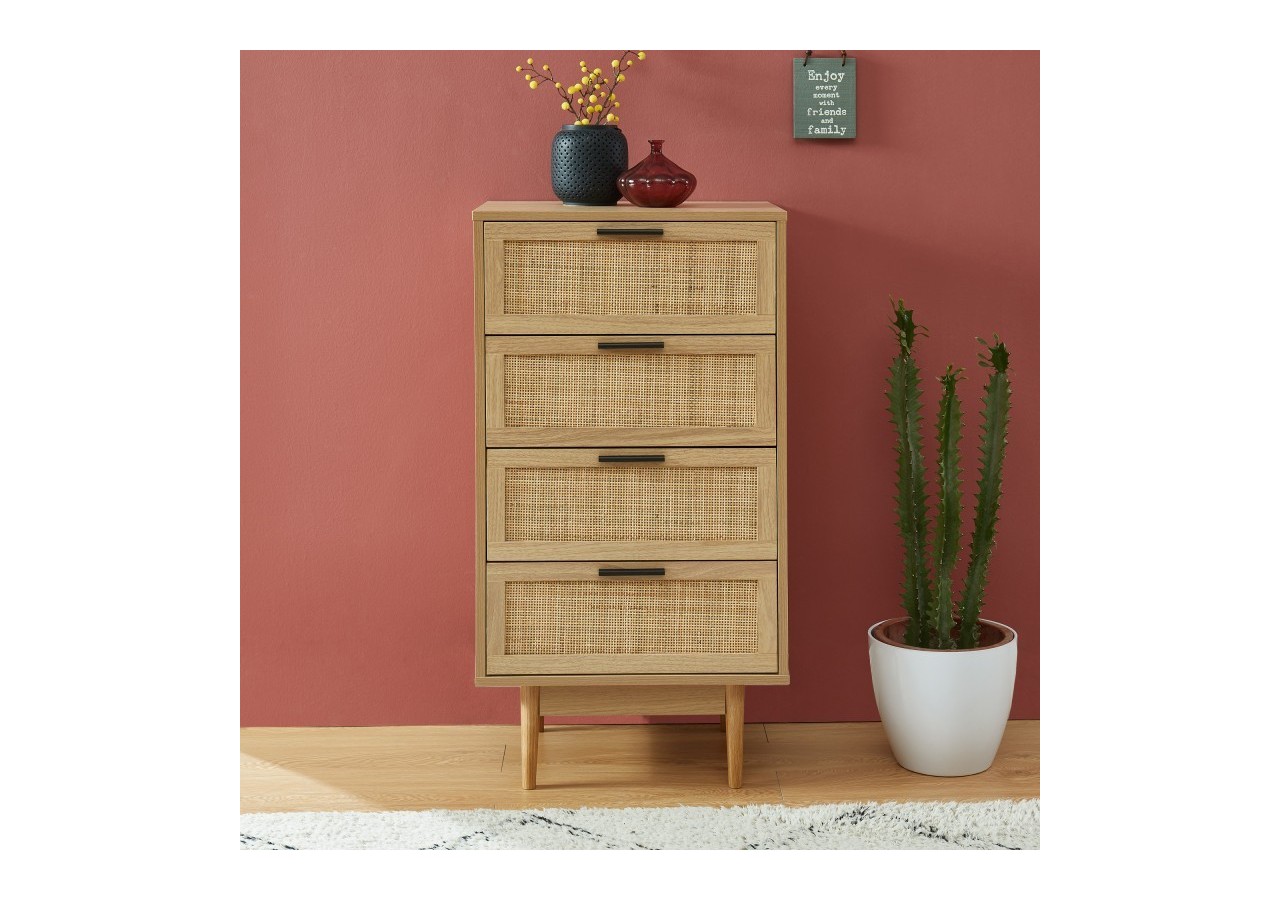Chiffonnier AMANA effet chêne et cannage rotin 4 tiroirs 50cm