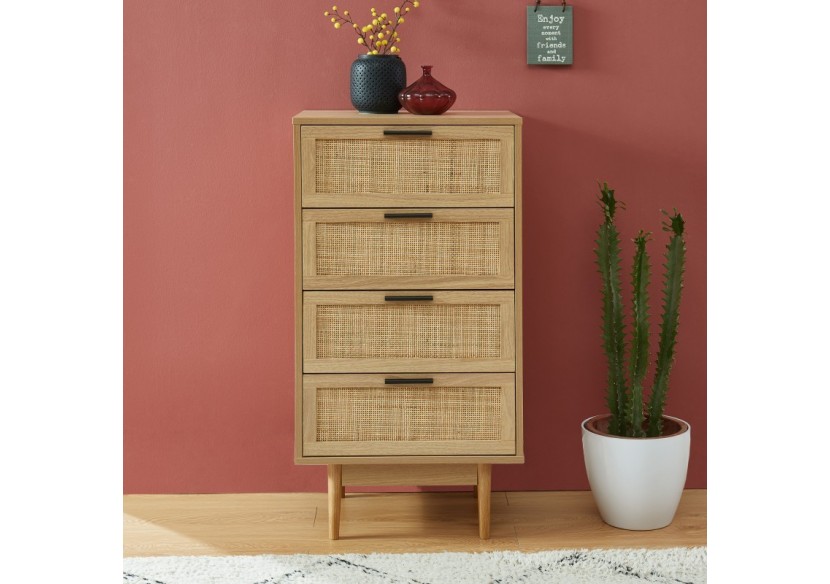 Chiffonnier AMANA effet chêne et cannage rotin 4 tiroirs 50cm
