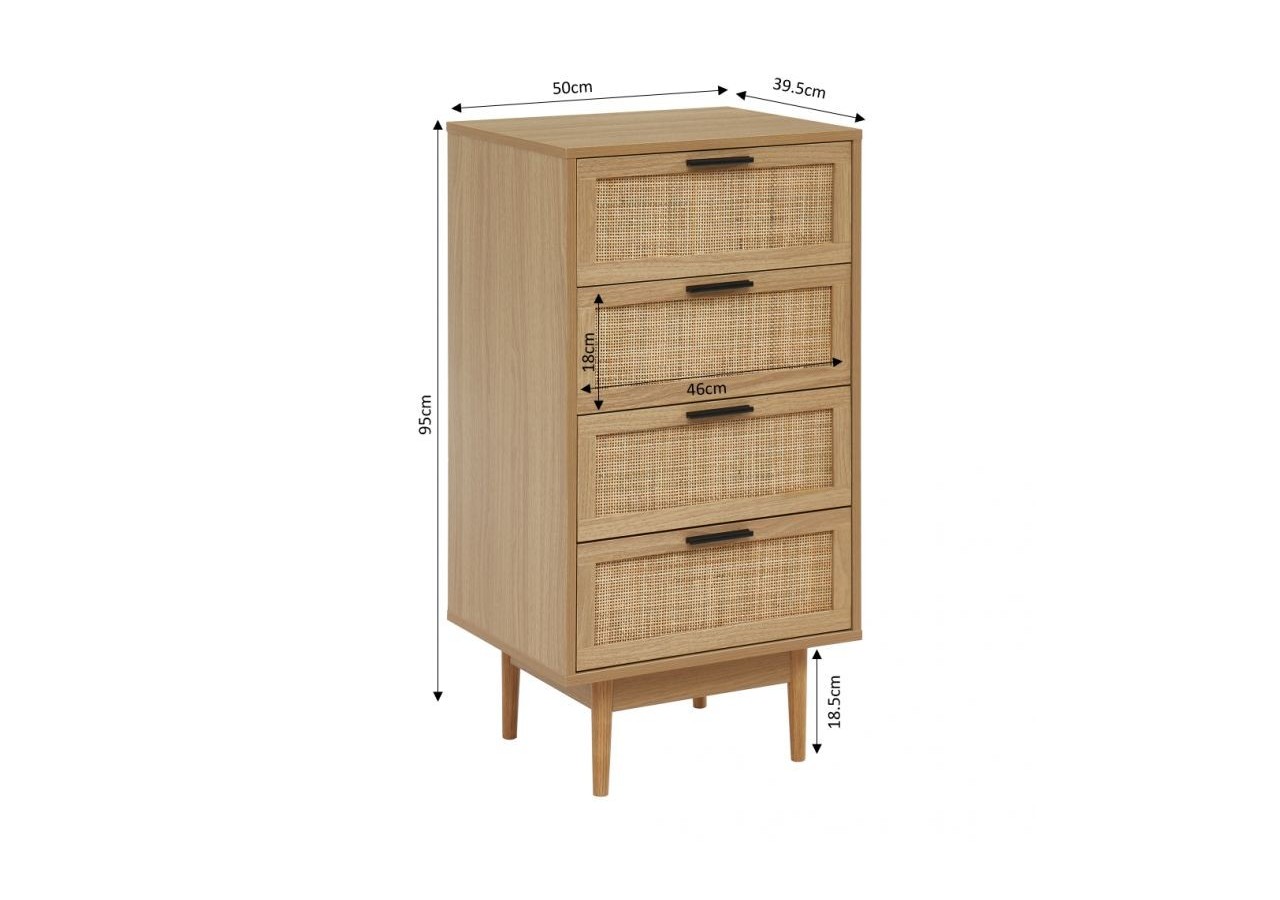 Chiffonnier AMANA effet chêne et cannage rotin 4 tiroirs 50cm