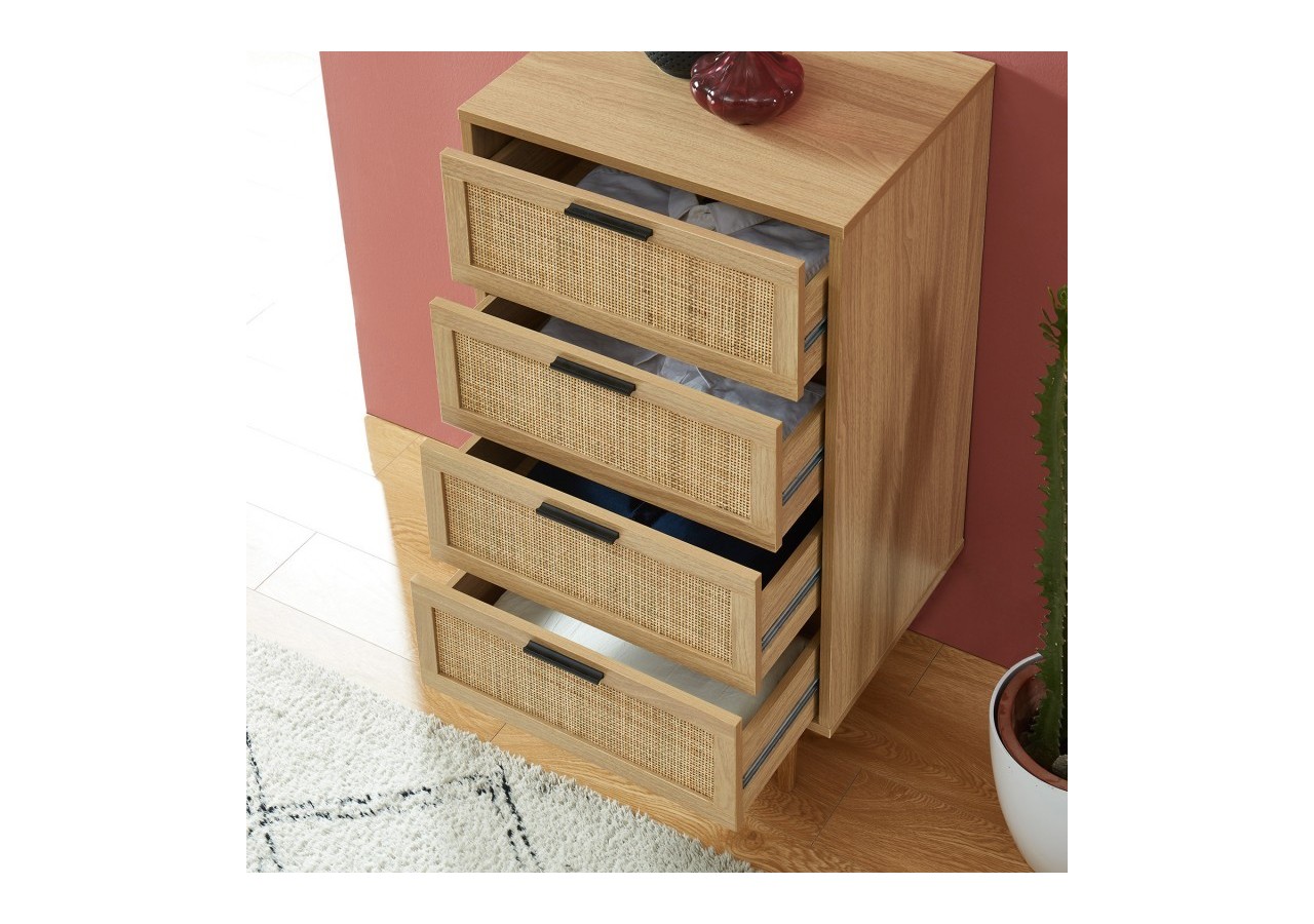 Chiffonnier AMANA effet chêne et cannage rotin 4 tiroirs 50cm