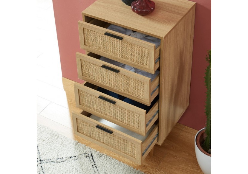 Chiffonnier AMANA effet chêne et cannage rotin 4 tiroirs 50cm