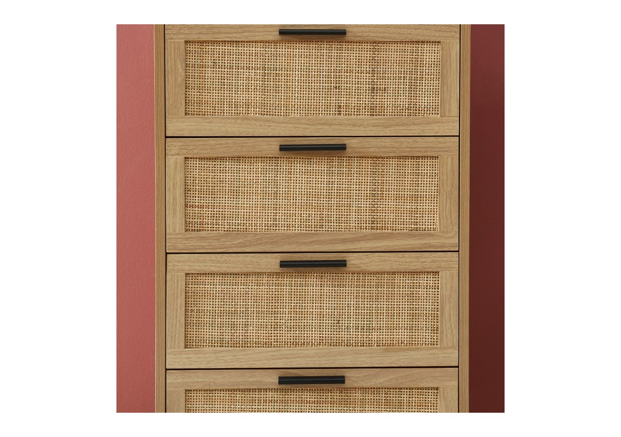 Chiffonnier AMANA effet chêne et cannage rotin 4 tiroirs 50cm