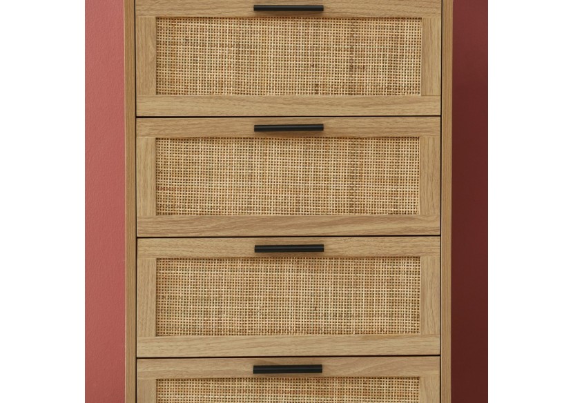 Chiffonnier AMANA effet chêne et cannage rotin 4 tiroirs 50cm