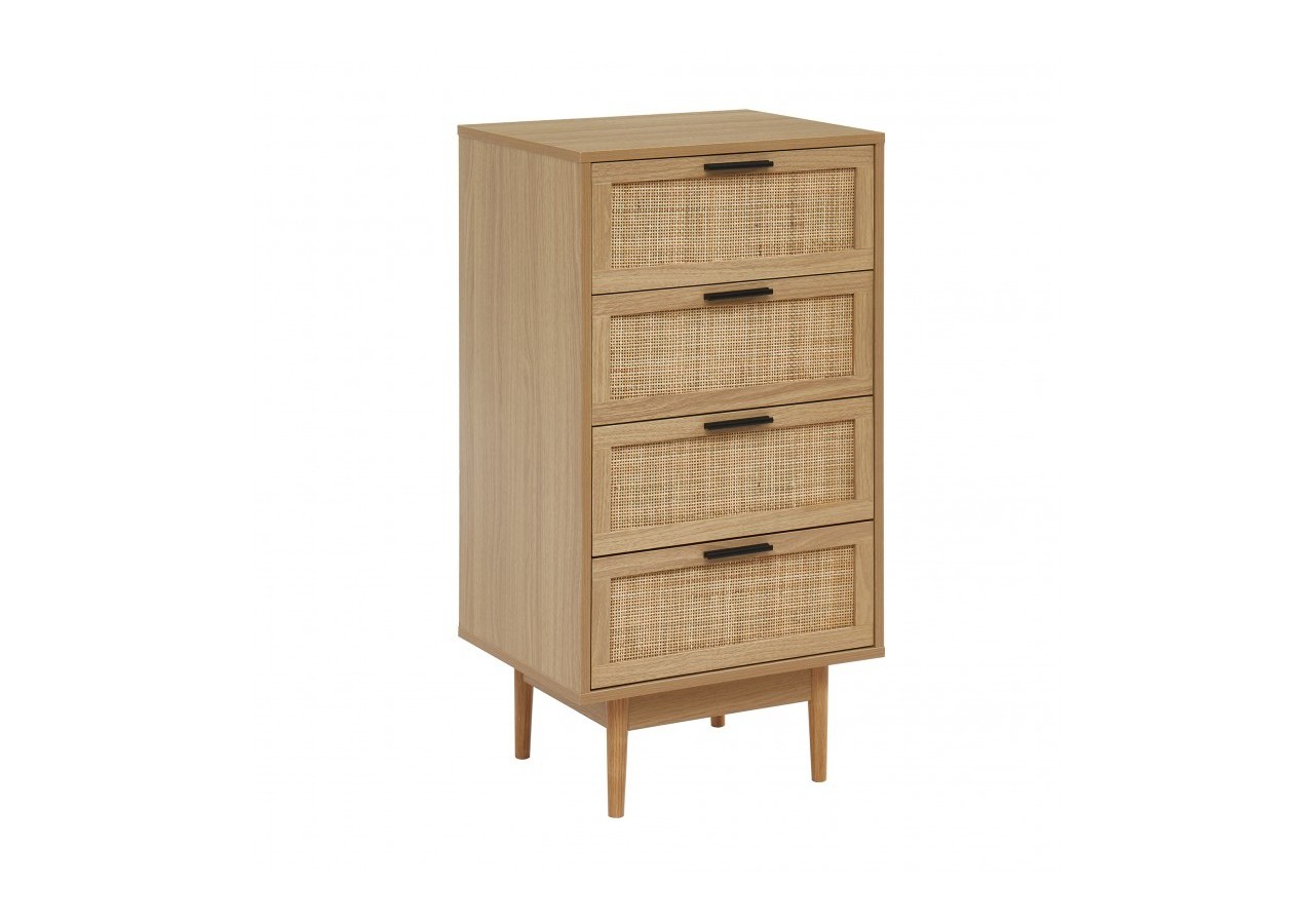 Chiffonnier AMANA effet chêne et cannage rotin 4 tiroirs 50cm