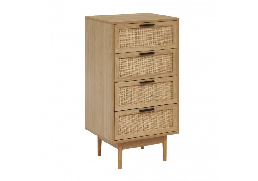 Chiffonnier AMANA effet chêne et cannage rotin 4 tiroirs 50cm