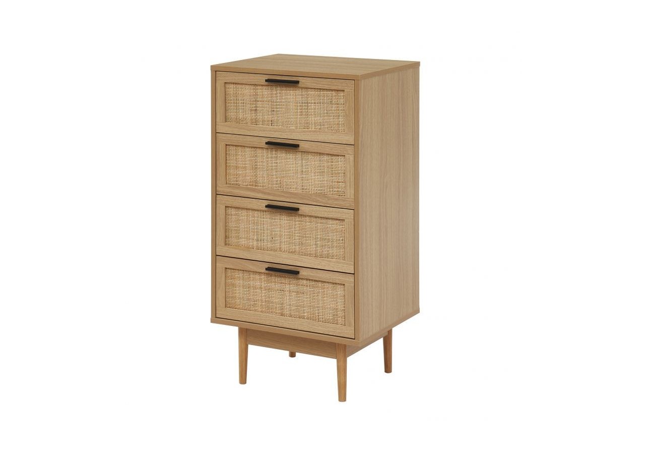 Chiffonnier AMANA effet chêne et cannage rotin 4 tiroirs 50cm