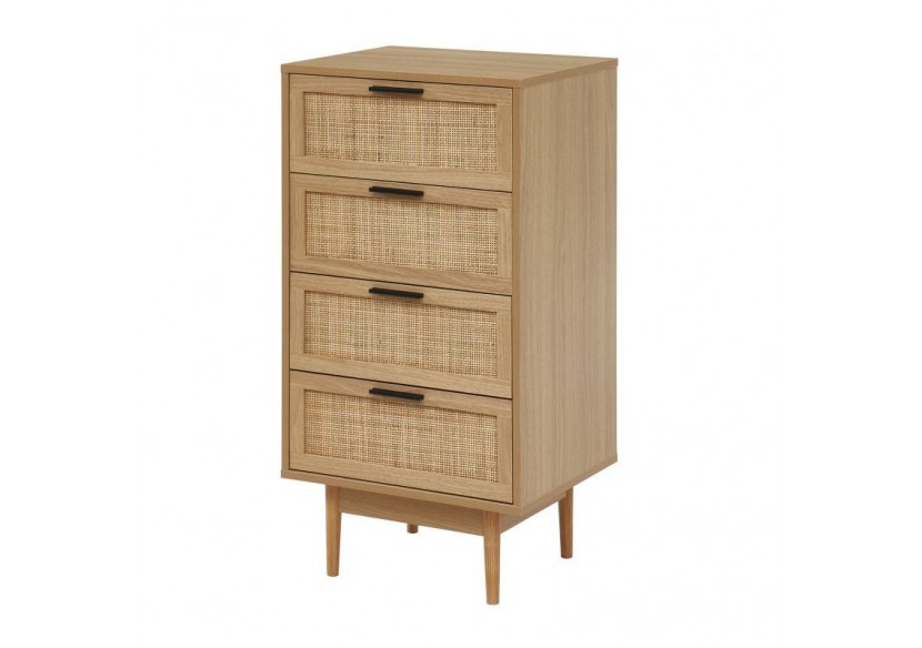 Chiffonnier AMANA effet chêne et cannage rotin 4 tiroirs 50cm