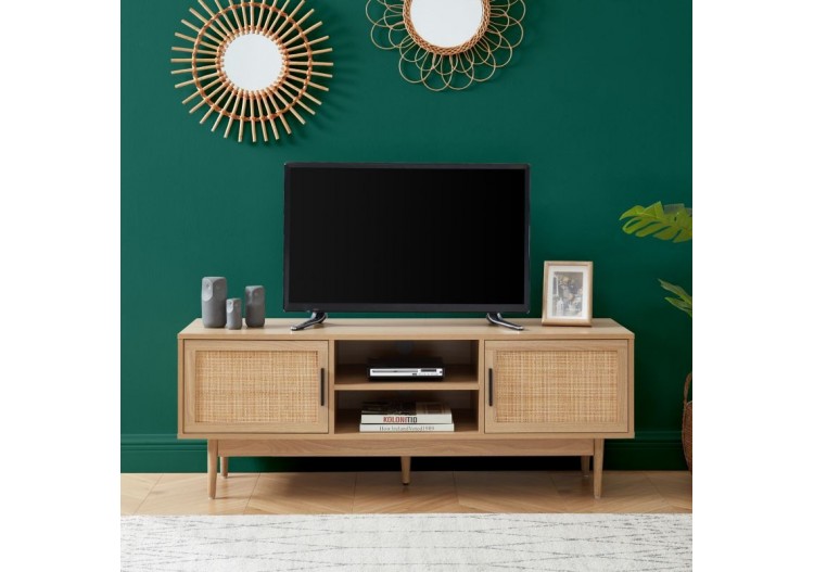 Meuble tv AMANA effet chêne et cannage rotin 130cm 2