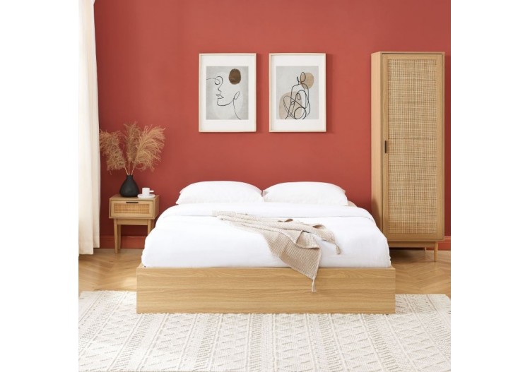 Cadre de lit à tiroirs AMANA cannage rotin 160x200 sommier inclus 2