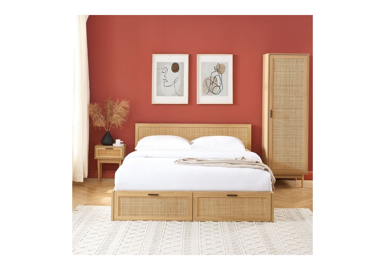 Lit à tiroirs AMANA cannage rotin 160x200 sommier inclus