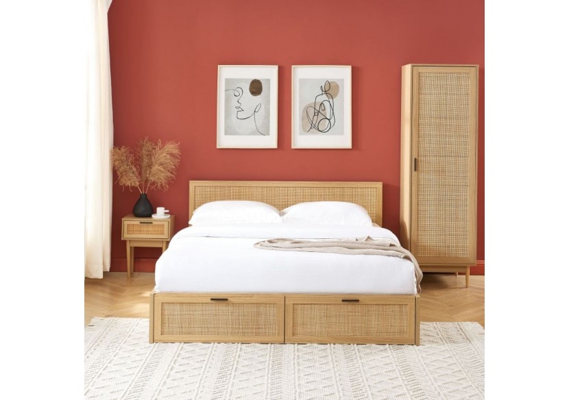 Lit à tiroirs AMANA cannage rotin 160x200 sommier inclus