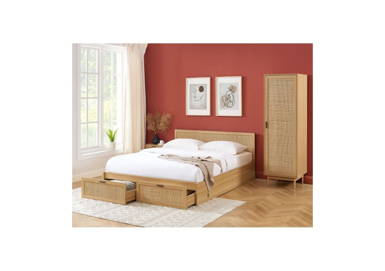 Lit à tiroirs AMANA cannage rotin 160x200 sommier inclus