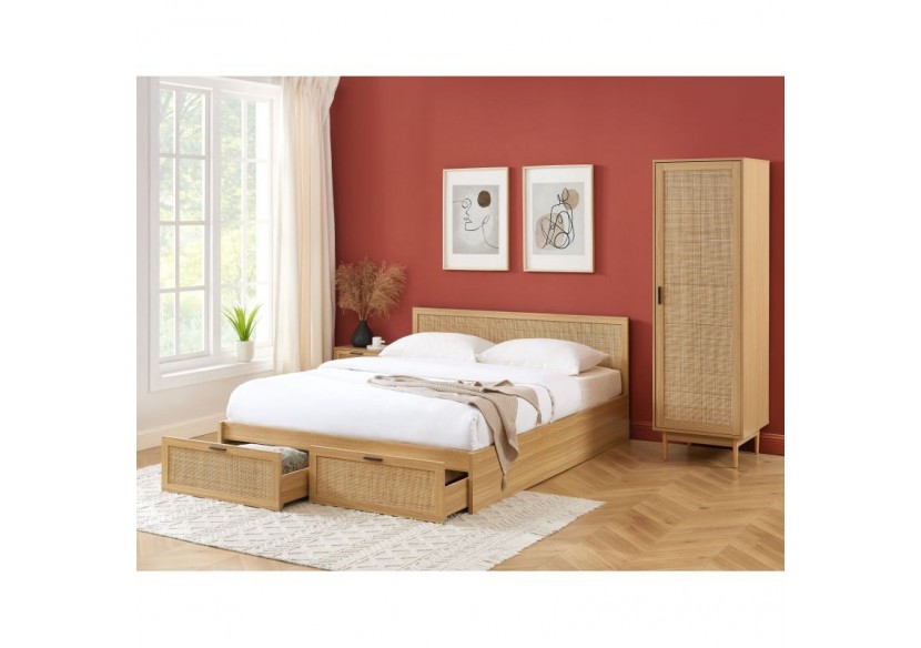 Lit à tiroirs AMANA cannage rotin 160x200 sommier inclus