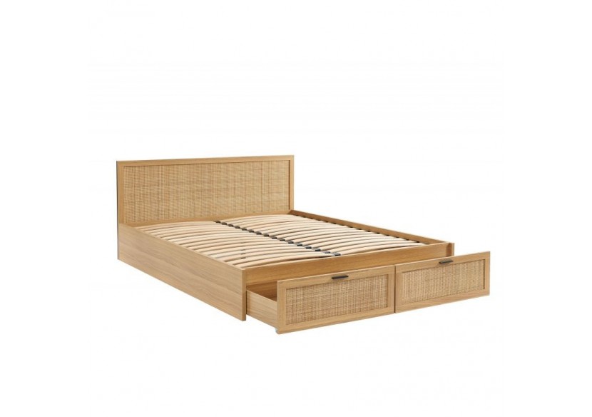 Lit à tiroirs AMANA cannage rotin 160x200 sommier inclus