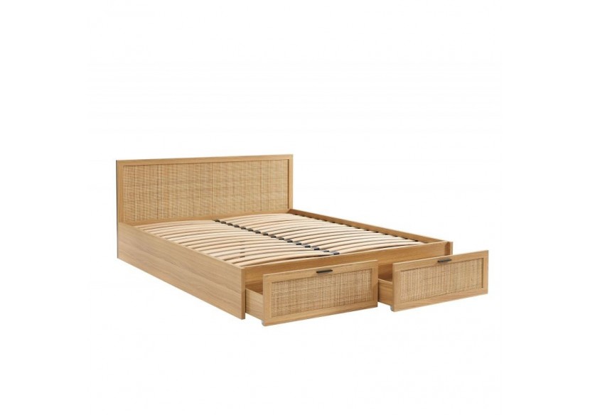Lit à tiroirs AMANA cannage rotin 160x200 sommier inclus