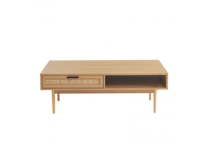 Table basse AMANA effet chêne et cannage rotin 115cm