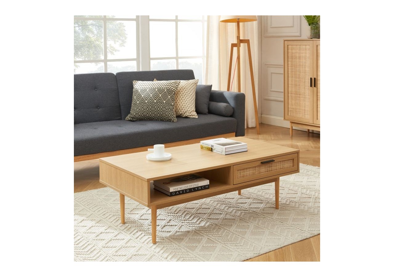 Table basse AMANA effet chêne et cannage rotin 115cm
