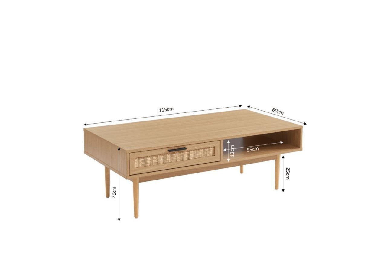 Table basse AMANA effet chêne et cannage rotin 115cm