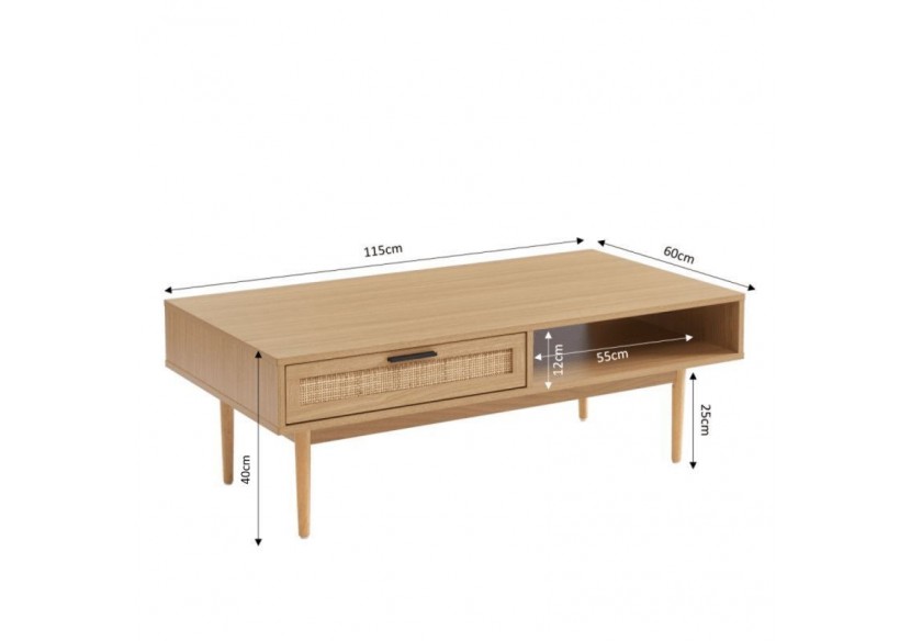 Table basse AMANA effet chêne et cannage rotin 115cm