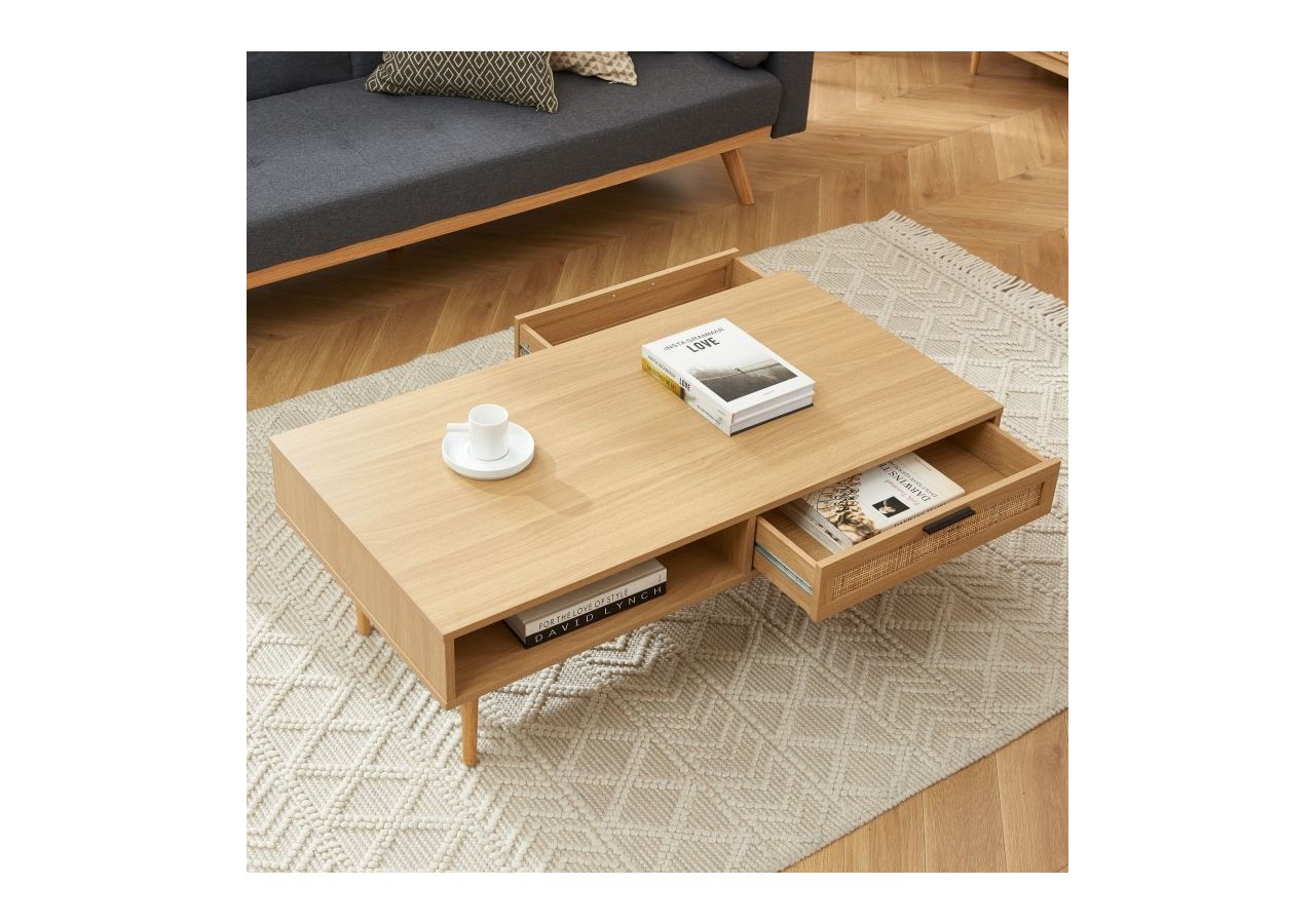 Table basse AMANA effet chêne et cannage rotin 115cm