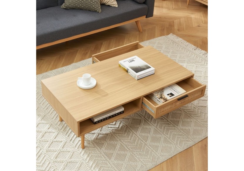 Table basse AMANA effet chêne et cannage rotin 115cm