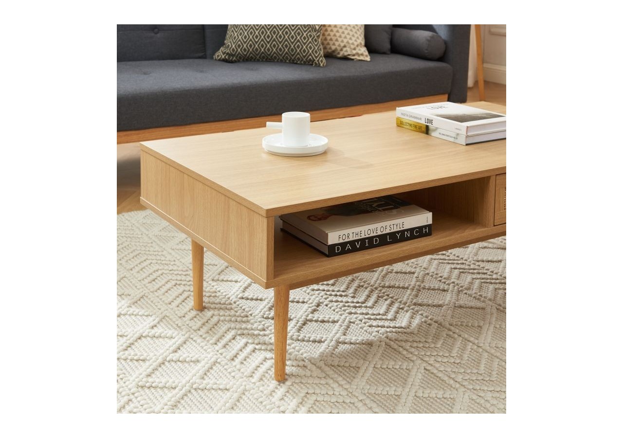 Table basse AMANA effet chêne et cannage rotin 115cm