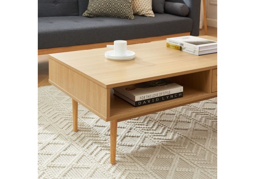 Table basse AMANA effet chêne et cannage rotin 115cm