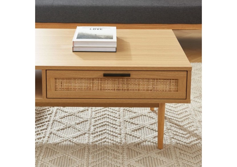 Table basse AMANA effet chêne et cannage rotin 115cm