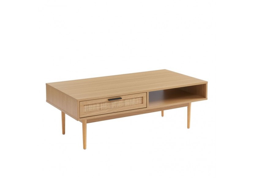Table basse AMANA effet chêne et cannage rotin 115cm