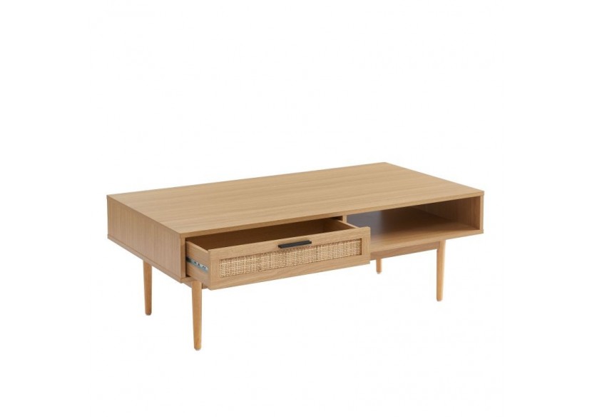 Table basse AMANA effet chêne et cannage rotin 115cm