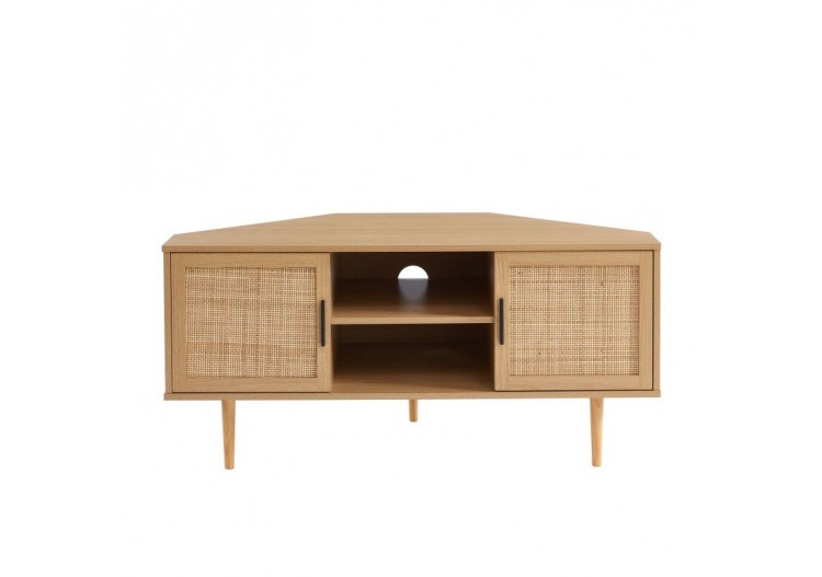 Meuble tv d'angle AMANA effet chêne et cannage rotin 2 portes
