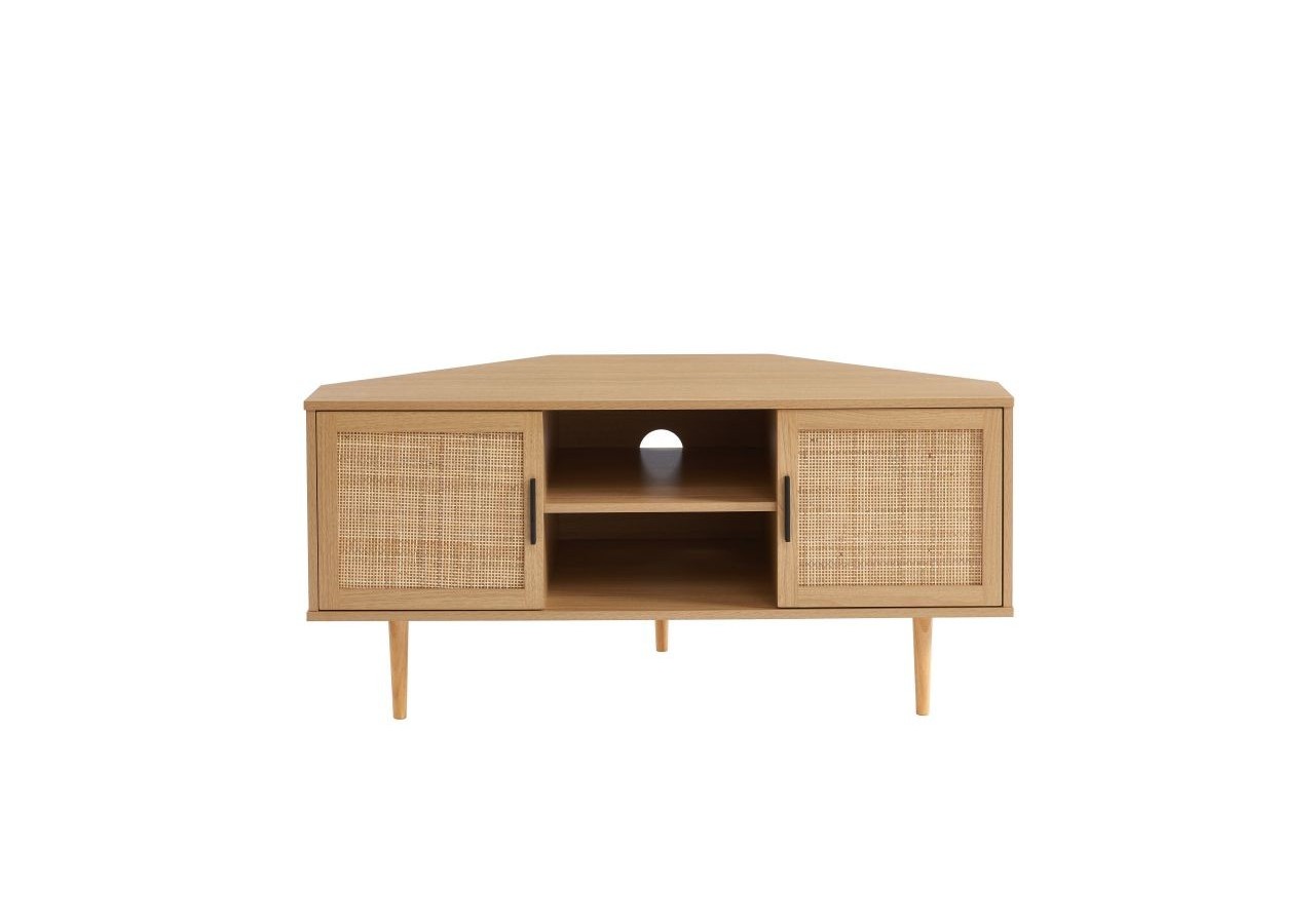 Meuble tv d'angle AMANA effet chêne et cannage rotin 2 portes