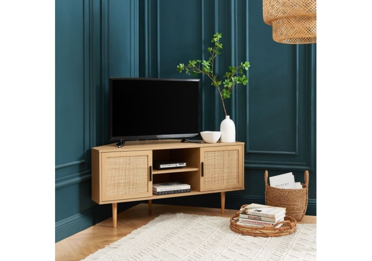 Meuble tv d'angle AMANA effet chêne et cannage rotin 2 portes 2