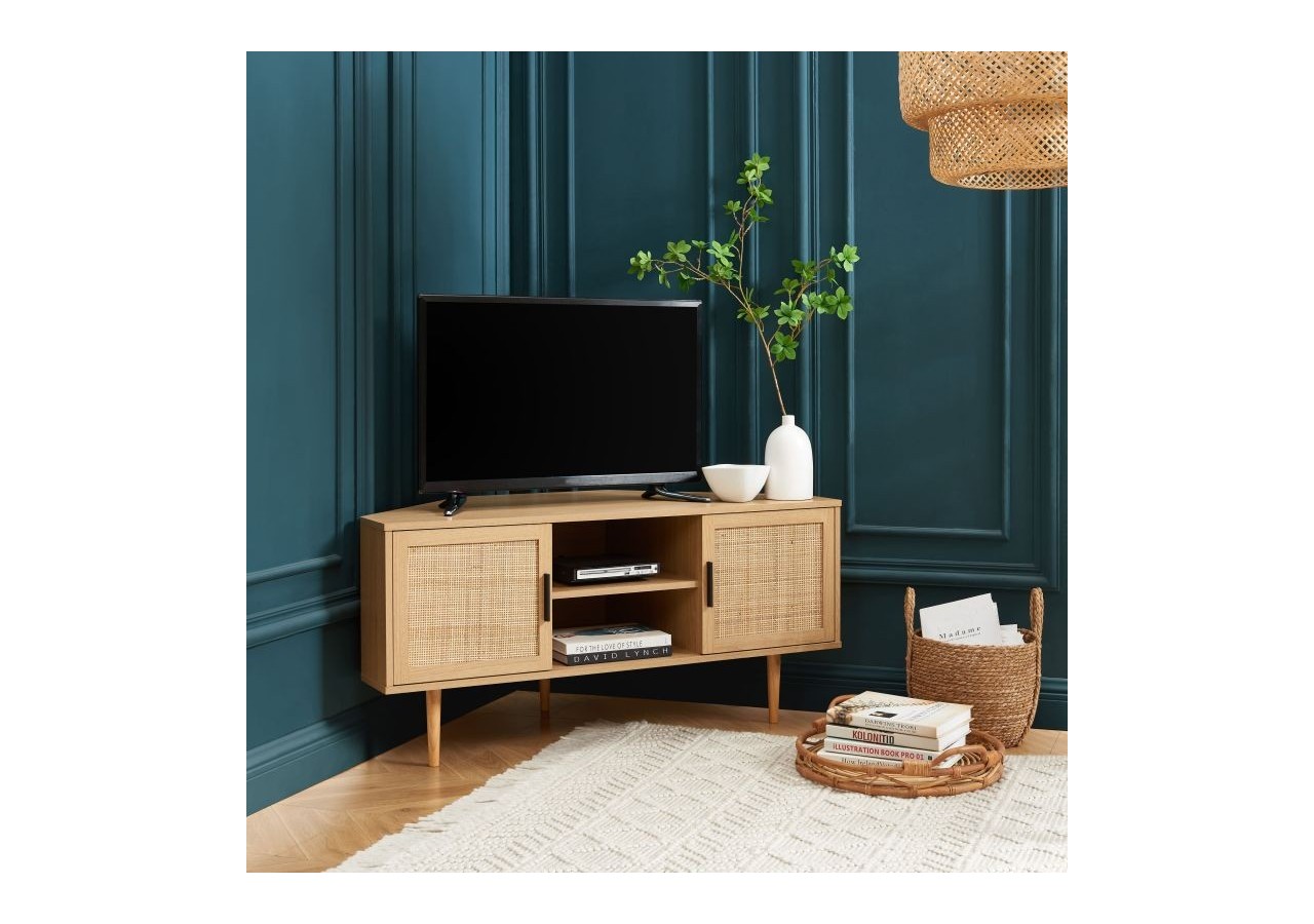 Meuble tv d'angle AMANA effet chêne et cannage rotin 2 portes