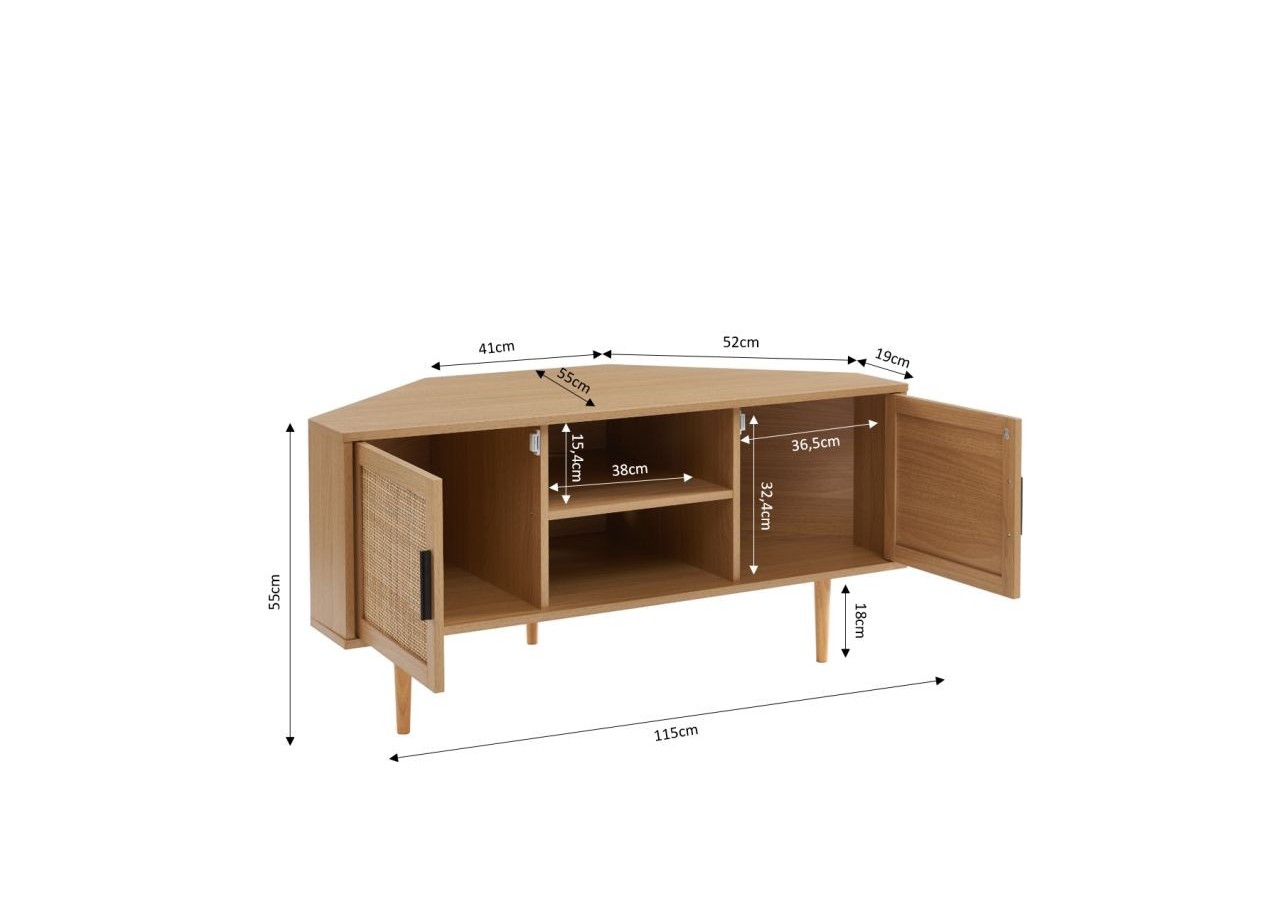 Meuble tv d'angle AMANA effet chêne et cannage rotin 2 portes