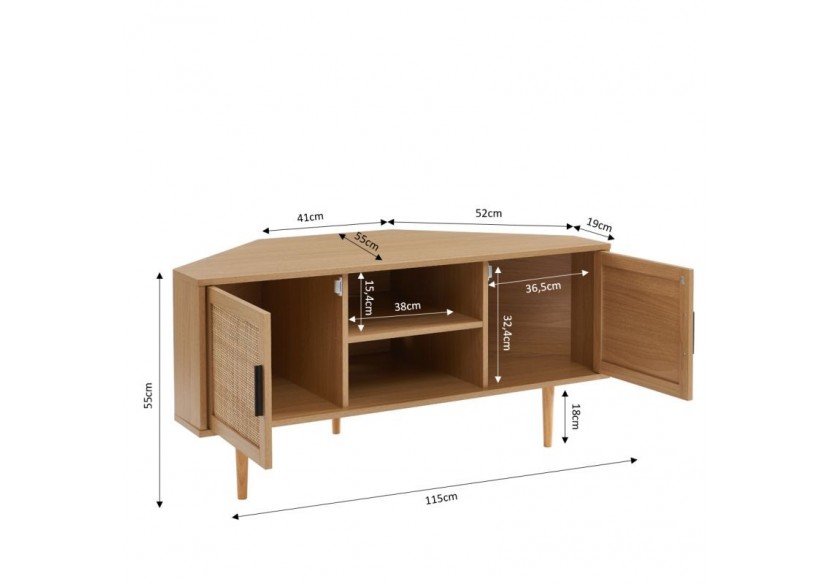 Meuble tv d'angle AMANA effet chêne et cannage rotin 2 portes