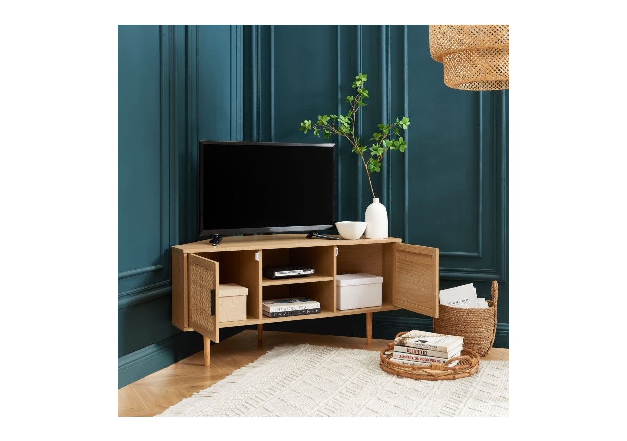 Meuble tv d'angle AMANA effet chêne et cannage rotin 2 portes