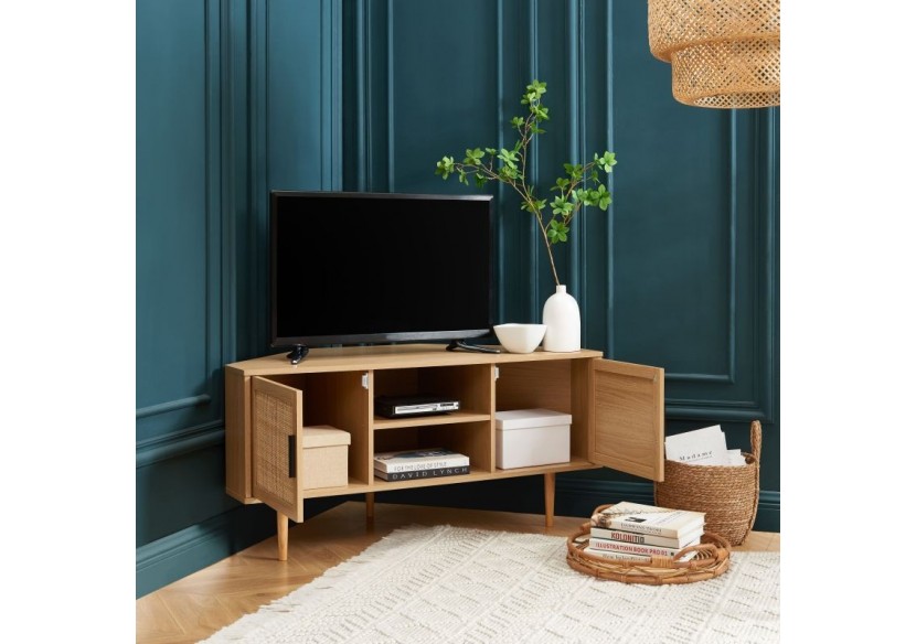 Meuble tv d'angle AMANA effet chêne et cannage rotin 2 portes