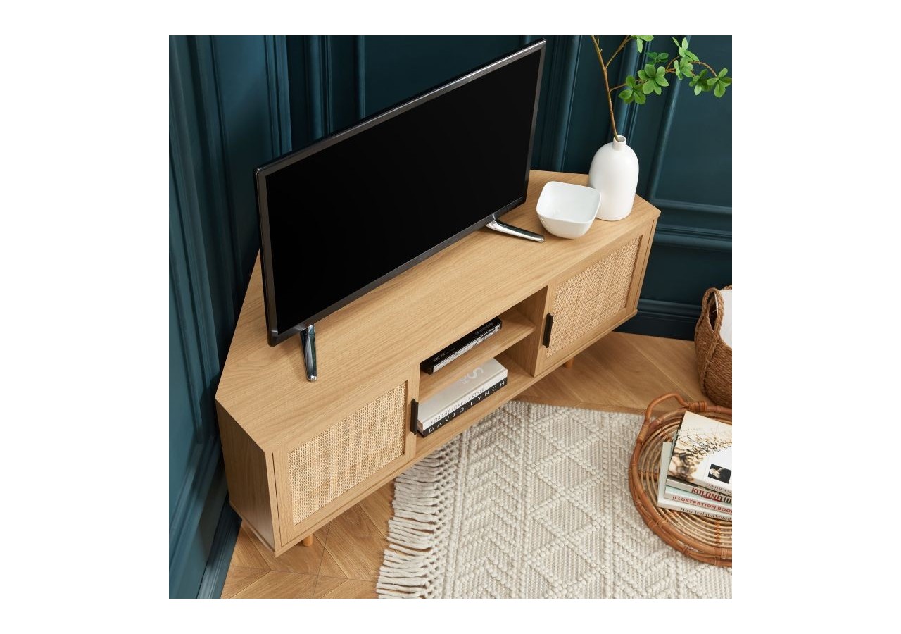 Meuble tv d'angle AMANA effet chêne et cannage rotin 2 portes