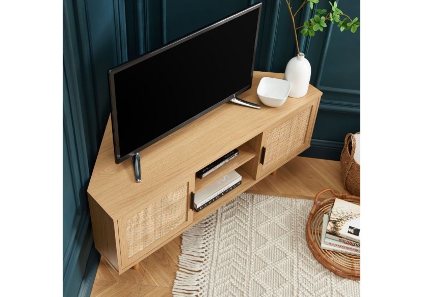 Meuble tv d'angle AMANA effet chêne et cannage rotin 2 portes