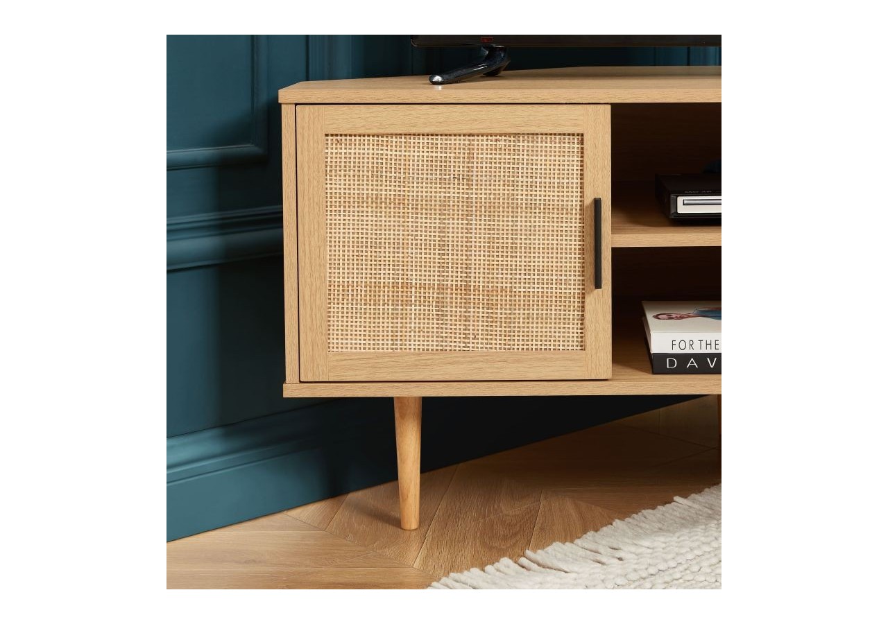 Meuble tv d'angle AMANA effet chêne et cannage rotin 2 portes